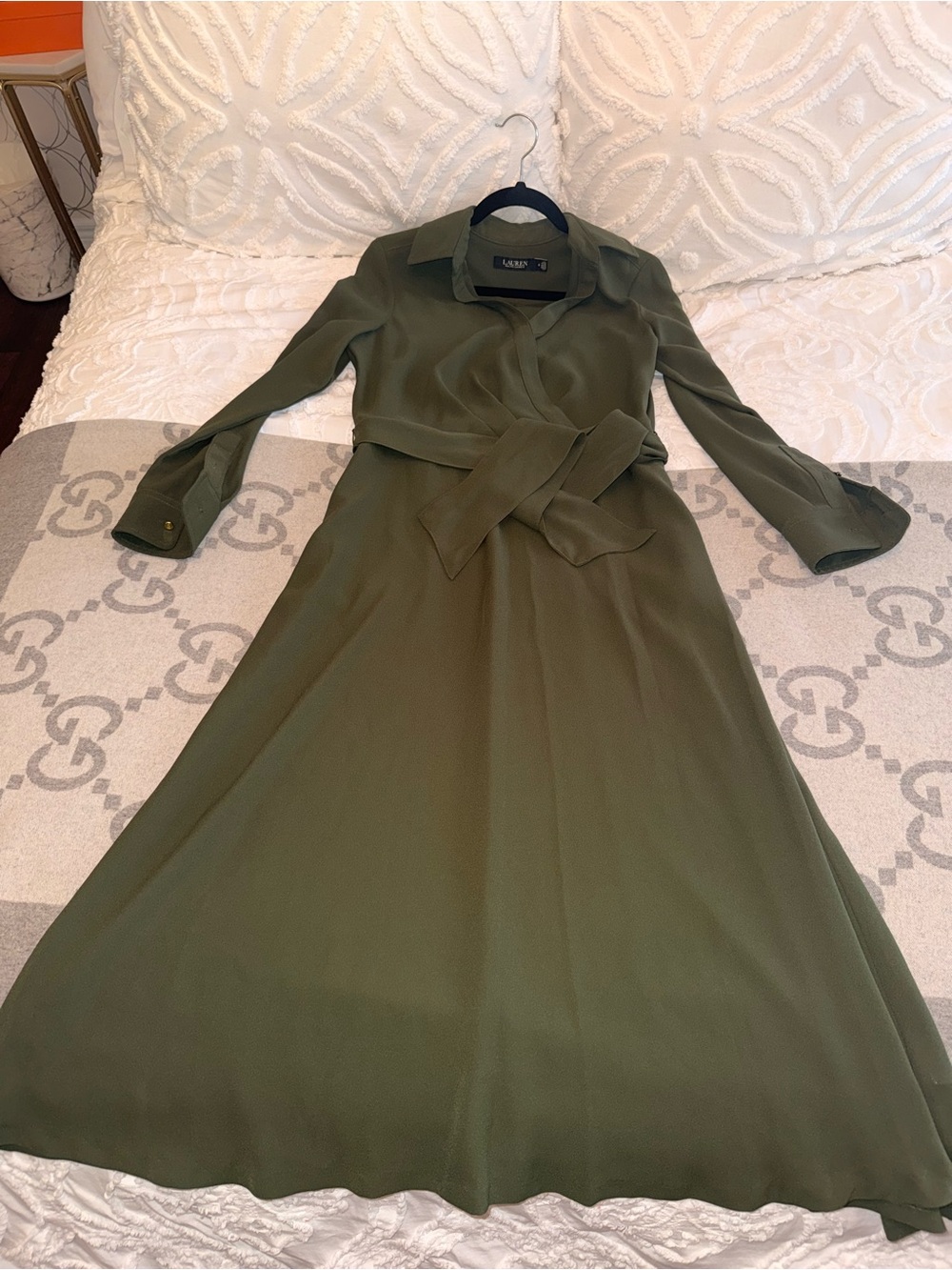 Lauren Ralph Lauren Surplice Georgette Olive Green Wrap Midi Dress - Elegant - Picture 2 of 14